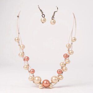 Multi Pink Glass Pearl Braided look Necklace earring set
